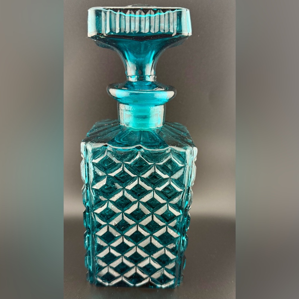 Turquoise , diamond cut, square decanter. 9.5oz